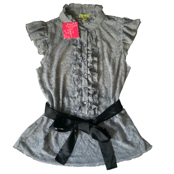 avocado Tops - Sheer floral lace blouse top grey cap flutter sleeves ruffles Avocado 12 NWT